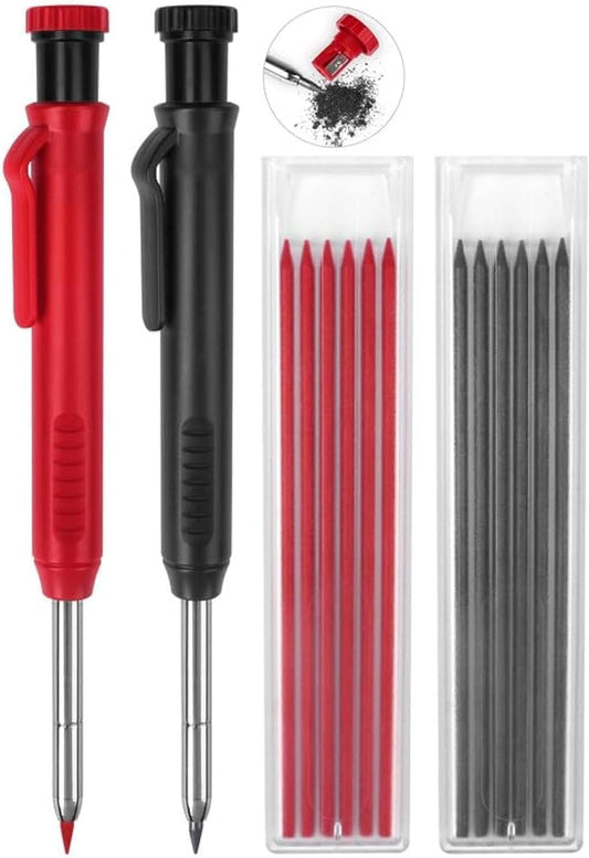 2 Pack Carpenter Pencils Mechanical Pencils with 12 Refills, Construction Pencils with Built-In Sharpener, Long Nib Deep Hole Pencil Marker, Heavy Duty Woodworking Pencil for Architect (2 Colors)
