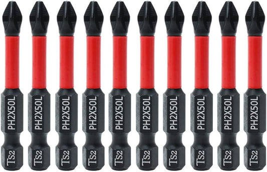 10 Pack Phillips PH2 Magnetic anti Slip Screwdriver Bit Set 2" L TS2 Toolsteel HRC63 Anti-Slip Long Drill Bits 1/4 Hex Shank Cross Single and Double Head Bits Screw Impact Driver Bits