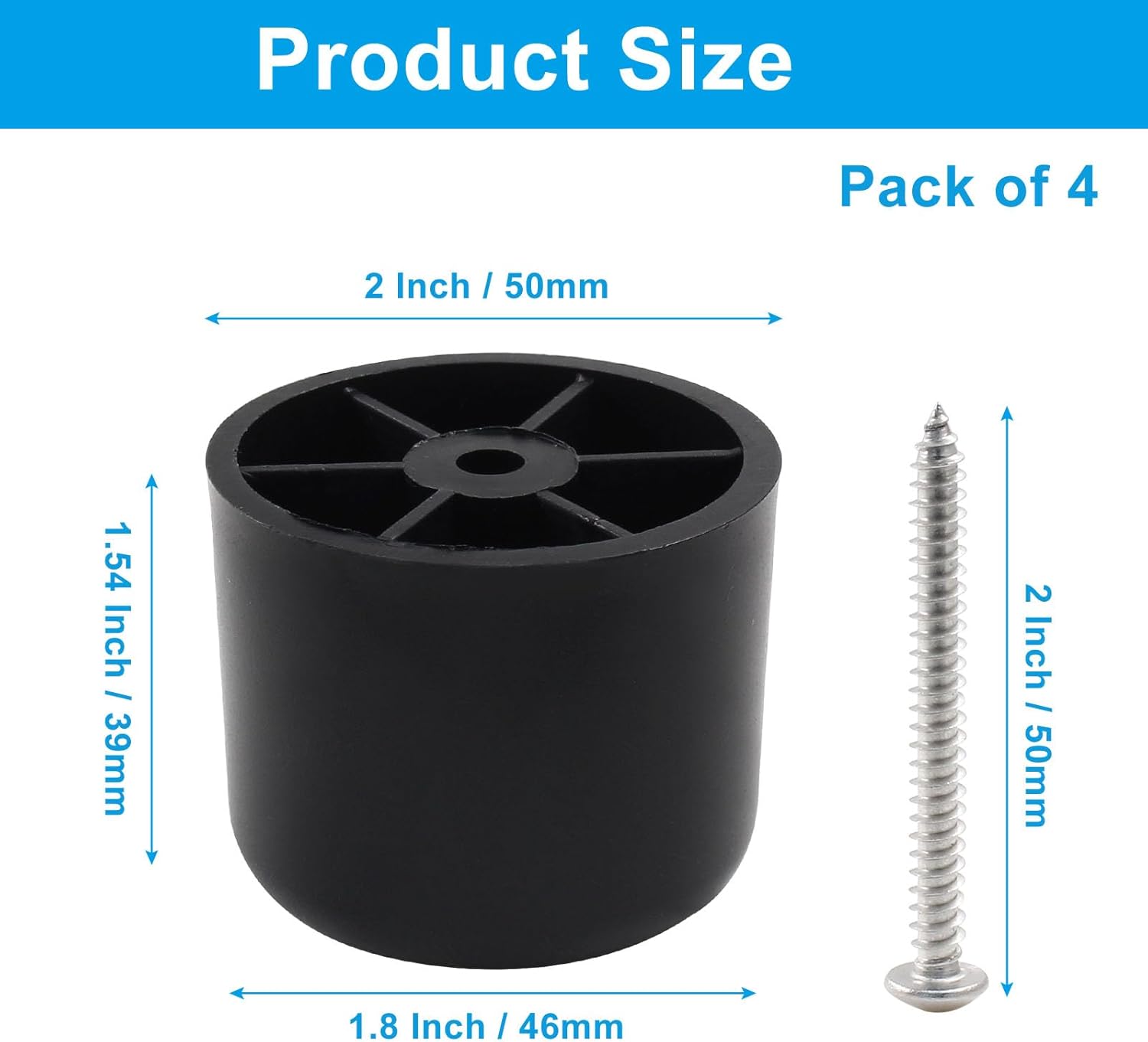 1-1/2 Inch Plastic Furniture Legs Set of 4, Black Screw in Legs round Tapered Sofa Legs, Couch Feet Replacement Legs for Furniture, Table, Ottoman