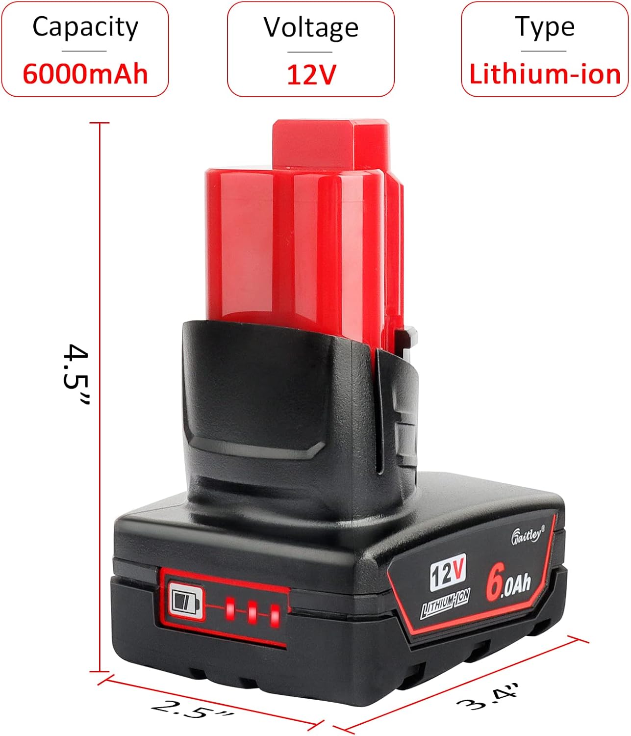 2 Pack 12V 6A Replacement Battery Compatible with Milwaukee 6.0Ah Power Tools