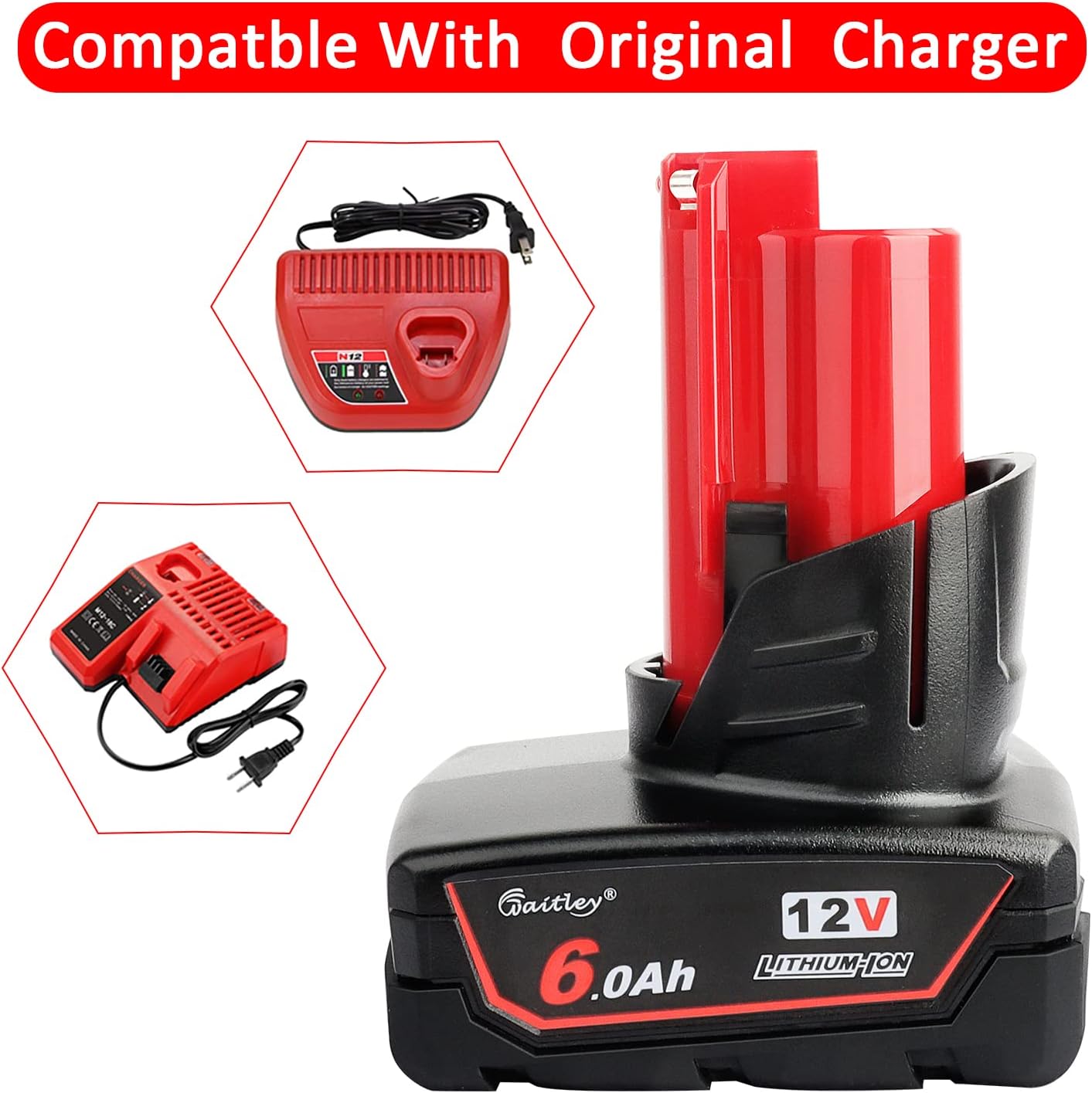 2 Pack 12V 6A Replacement Battery Compatible with Milwaukee 6.0Ah Power Tools
