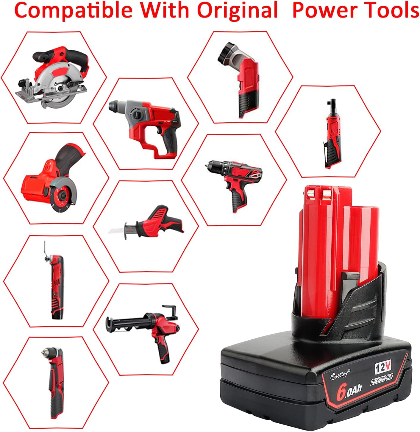 2 Pack 12V 6A Replacement Battery Compatible with Milwaukee 6.0Ah Power Tools