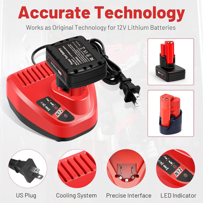 6000Mah High Capacity Replacement for Milwaukee 12V Battery and Rapid Charger Kit Compatible with Milwaukee 12V Batteries 48-11-2401 48-11-2402 48-11-2440 48-11-2411 C12 B C12 BX