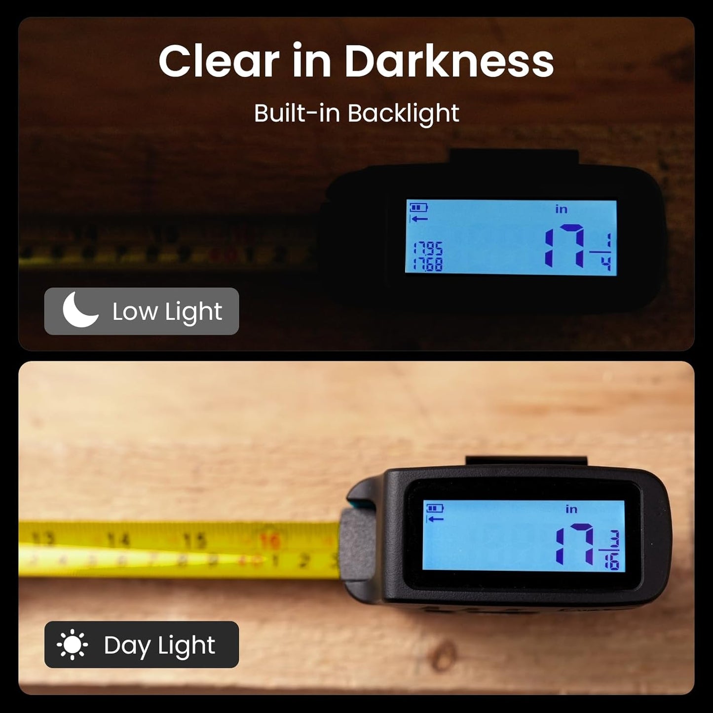 Digital Tape Measure 16 Ft, 2.4" LCD Display, 6 Metric and Imperial Units, Easy Read Digital Measuring Tape Retractable with Fractions 1/16 Rechargeable Measurement Tool for Distance/Area/Volume, Blue