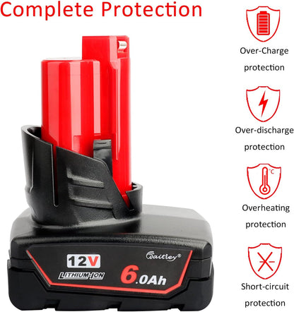 2 Pack 12V 6A Replacement Battery Compatible with Milwaukee 6.0Ah Power Tools