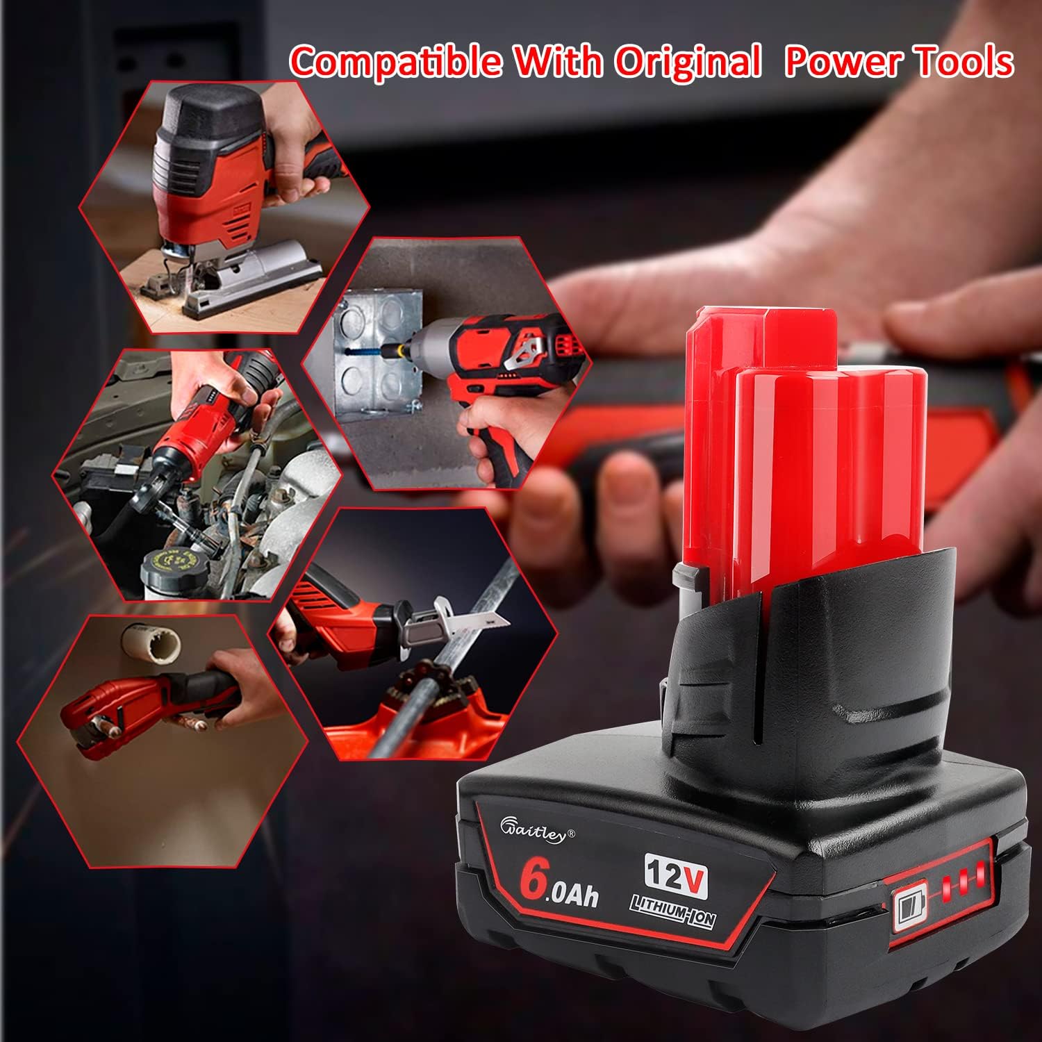 2 Pack 12V 6A Replacement Battery Compatible with Milwaukee 6.0Ah Power Tools