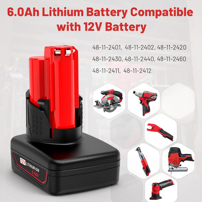 6000Mah High Capacity Replacement for Milwaukee 12V Battery and Rapid Charger Kit Compatible with Milwaukee 12V Batteries 48-11-2401 48-11-2402 48-11-2440 48-11-2411 C12 B C12 BX