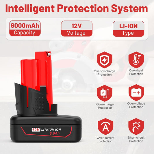 6000Mah High Capacity Replacement for Milwaukee 12V Battery and Rapid Charger Kit Compatible with Milwaukee 12V Batteries 48-11-2401 48-11-2402 48-11-2440 48-11-2411 C12 B C12 BX