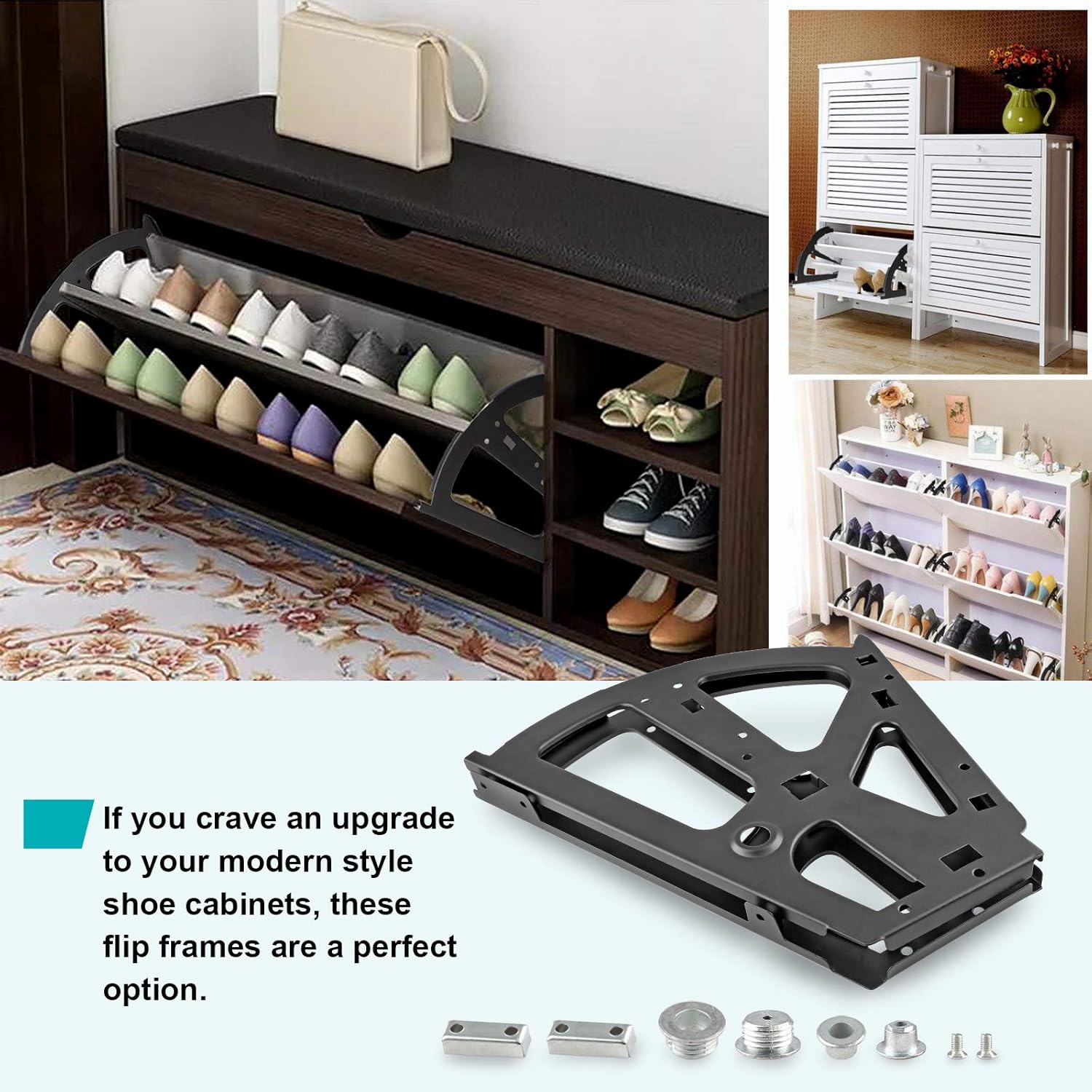 2 Layers Shoes Drawer Cabinet Hinges Flip Frames, Black Shoe Cabinet Replacement Fittings Stainless Steel for Kitchen Living Room, 1 Pair