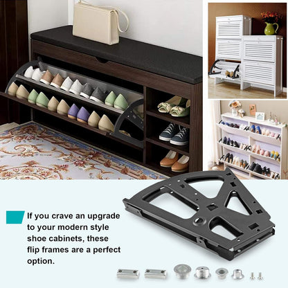 2 Layers Shoes Drawer Cabinet Hinges Flip Frames, Black Shoe Cabinet Replacement Fittings Stainless Steel for Kitchen Living Room, 1 Pair