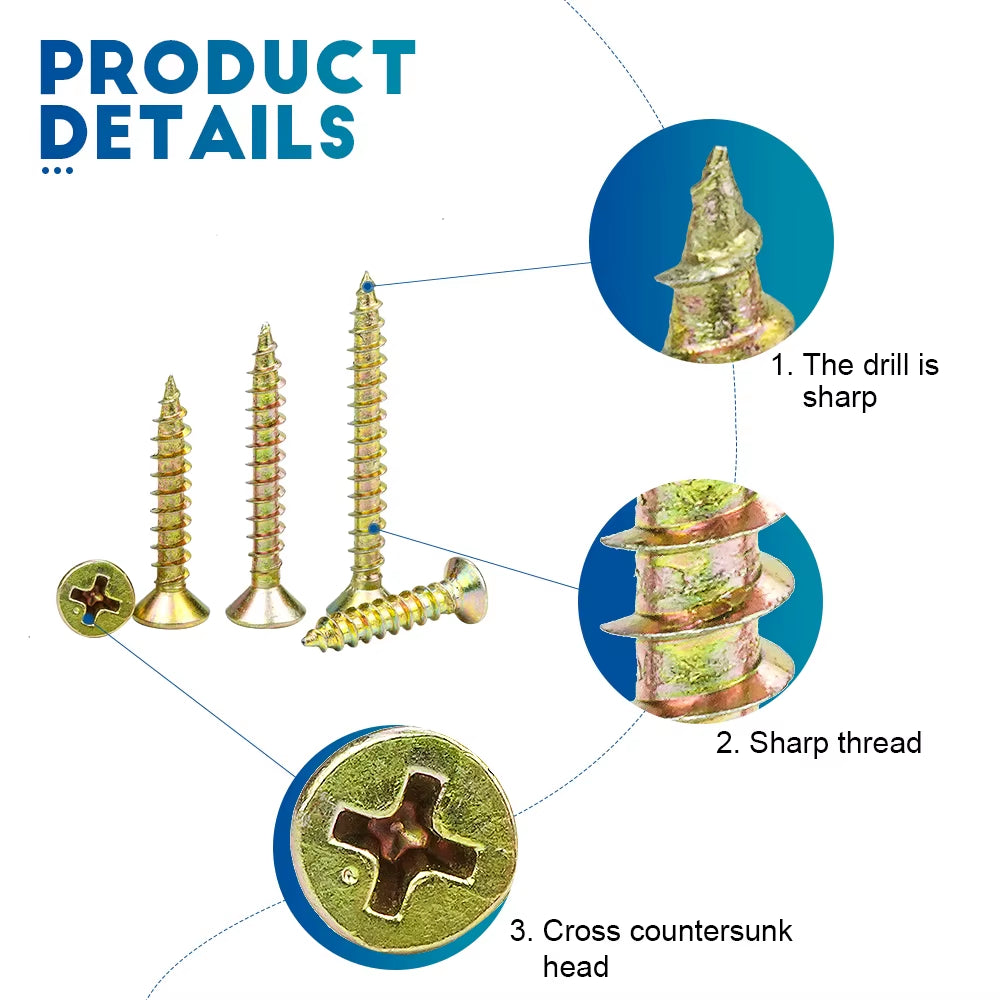 Wood Screw Kit M3.5 M4 Cross Recessed Fiberboard Screw Zinc Plated Flat Phillips Head Self Tapping Screw for Chipboard