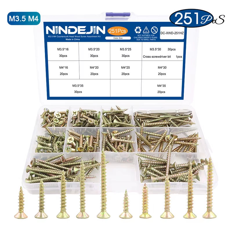 Wood Screw Kit M3.5 M4 Cross Recessed Fiberboard Screw Zinc Plated Flat Phillips Head Self Tapping Screw for Chipboard